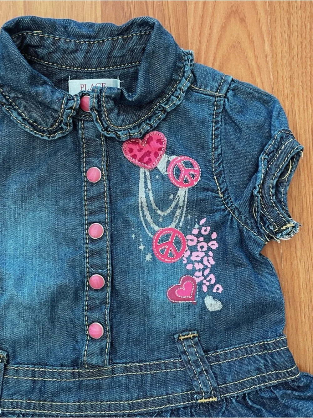 Children's Place Denim Ruffled Girls' Dress with Pink Accents Y2K Ruffles 12 mos - Picture 2 of 6